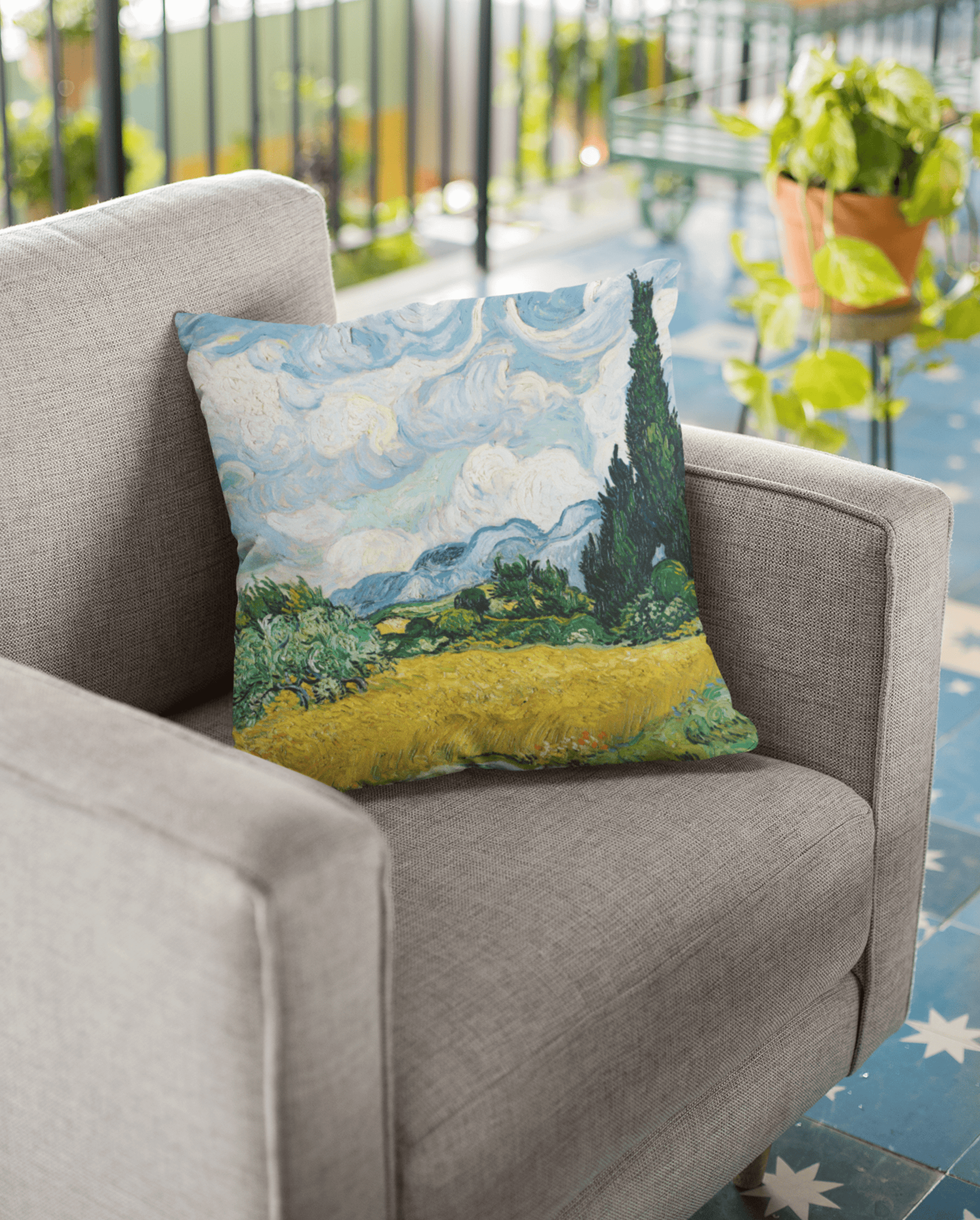 Vincent Van gogh wheat field with cypresses printed on a throw pillow for aesthetic home furnishing