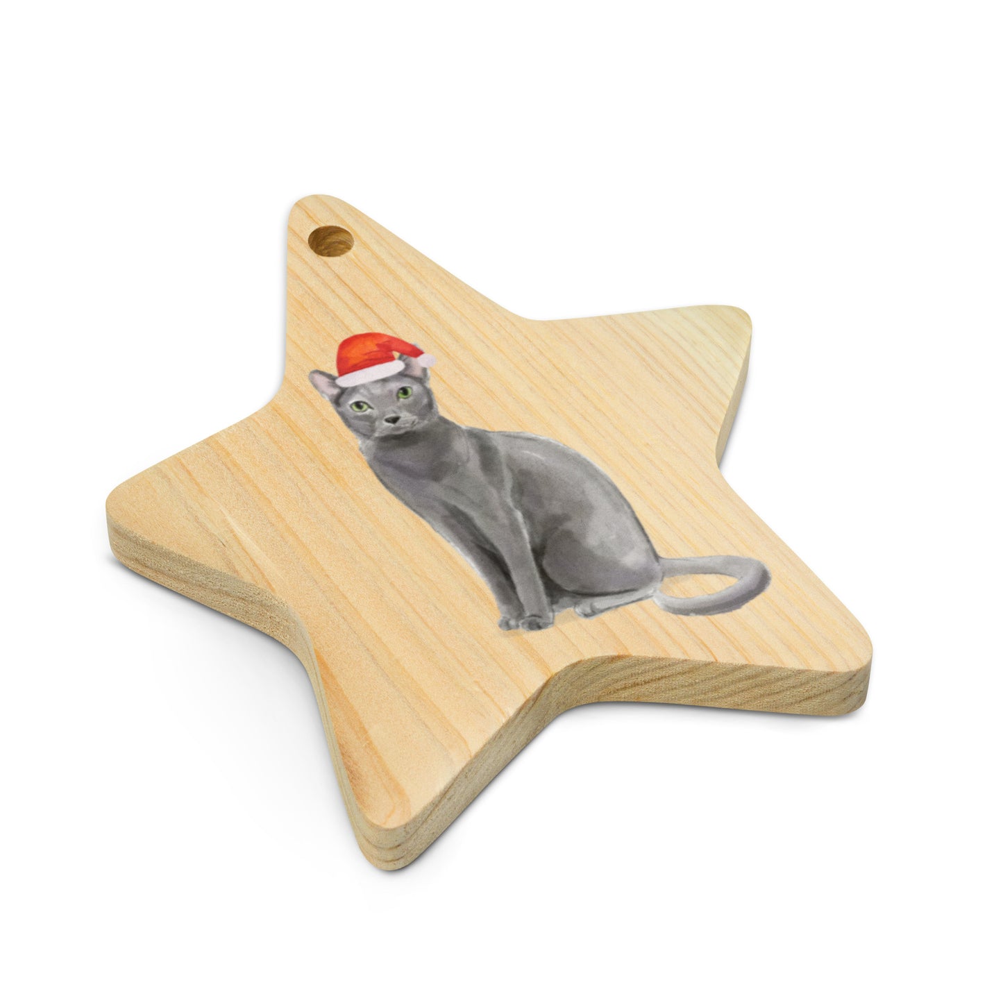 Cat with Christmas Hat Blue Russian wooden ornaments