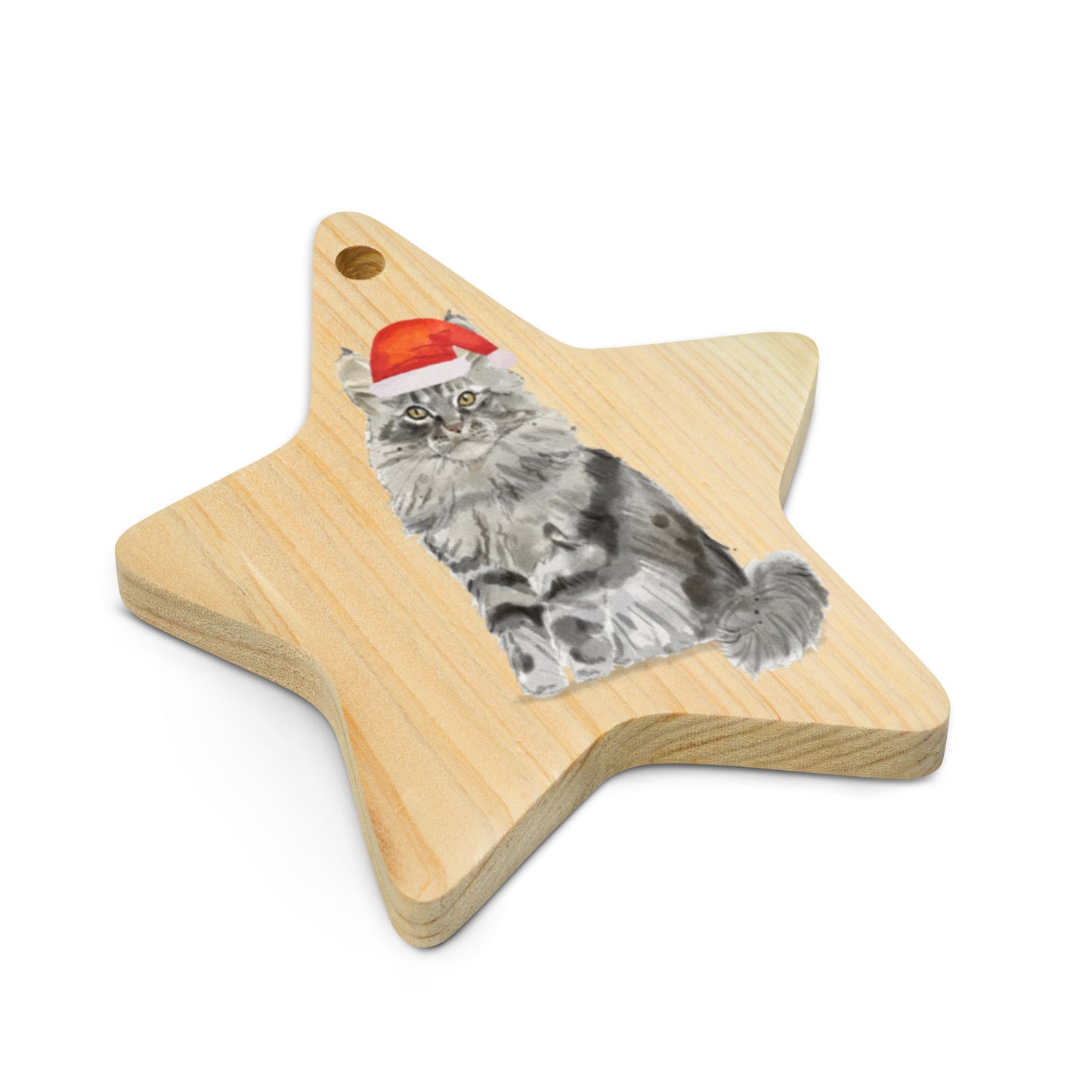 Cat with Christmas Hat Maine Coon wooden ornaments