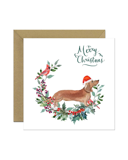 Tan Dachshund Dog Christmas Card