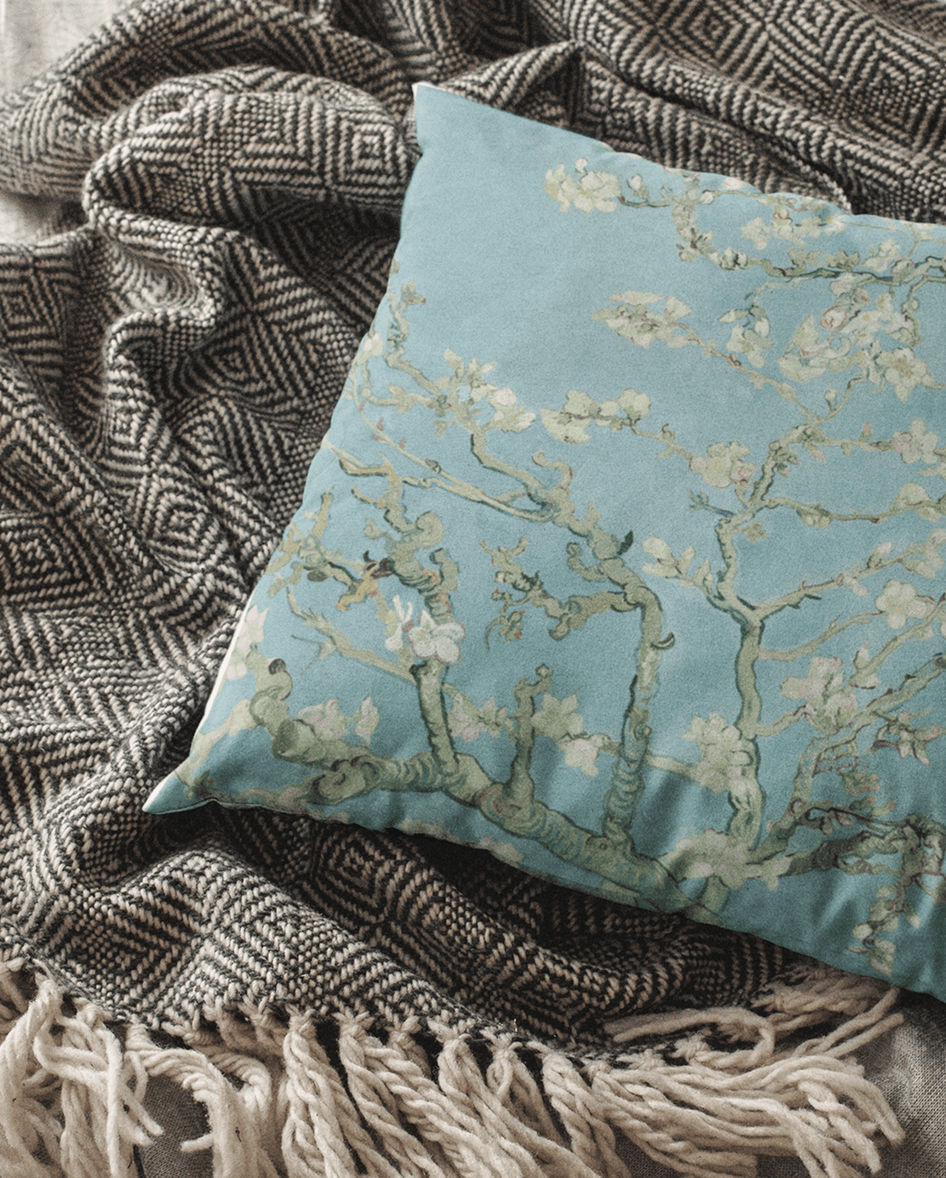 Vincent van gogh almond tree painting printed on a throw pillow for home furnishing